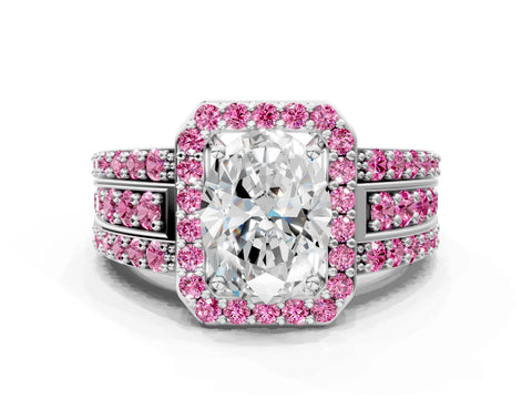 White gold Oval Cut Halo Diamond Ring with Round with Pink Sapphire side stone Split Shank and Prong Setting_36