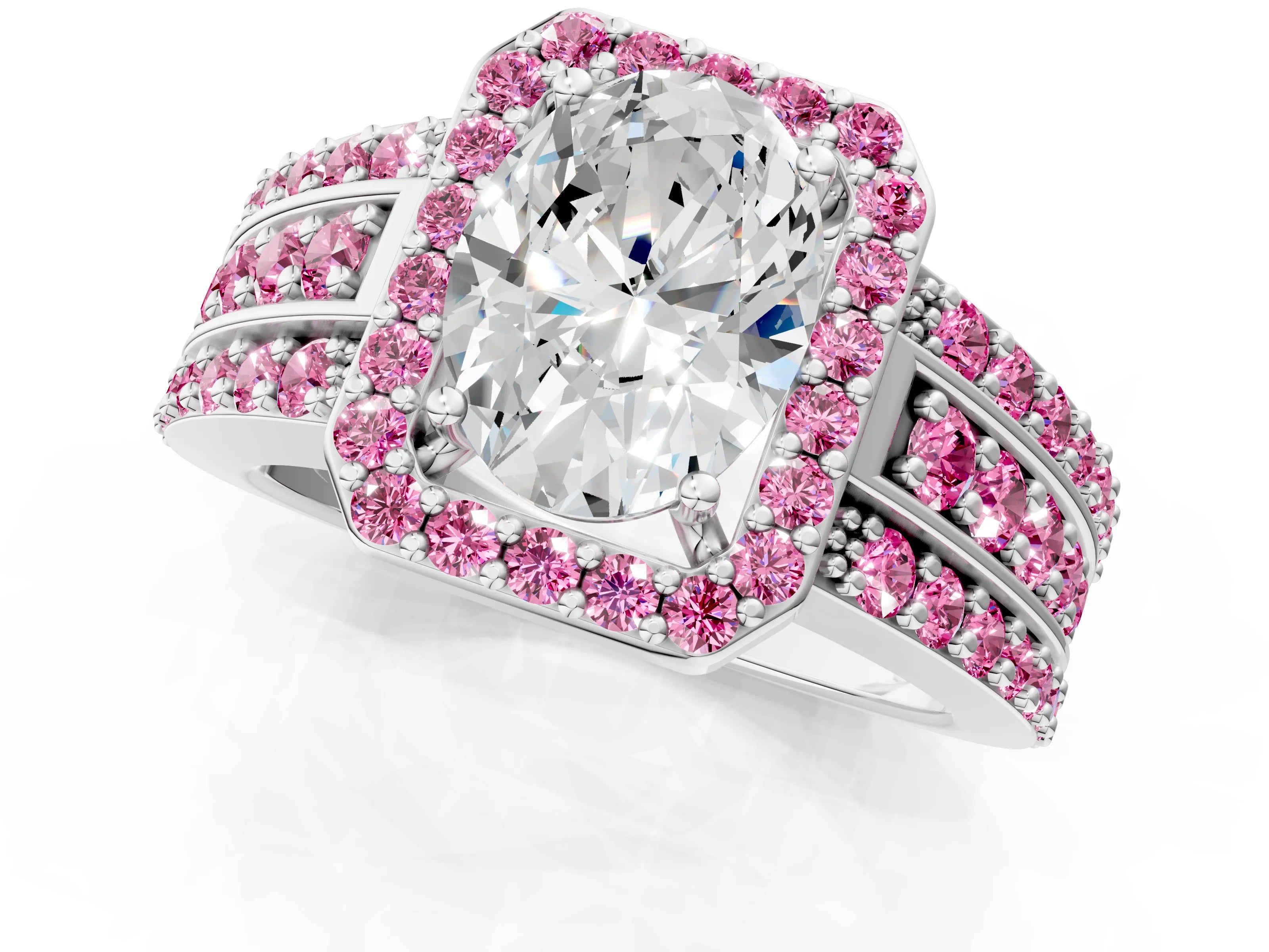 White gold Oval Cut Halo Diamond Ring with Round with Pink Sapphire side stone Split Shank and Prong Setting_37