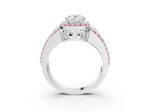White gold Oval Cut Halo Diamond Ring with Round with Pink Sapphire side stone Split Shank and Prong Setting_39
