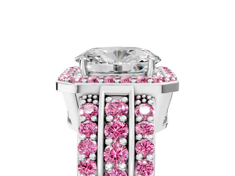 White gold Oval Cut Halo Diamond Ring with Round with Pink Sapphire side stone Split Shank and Prong Setting_41