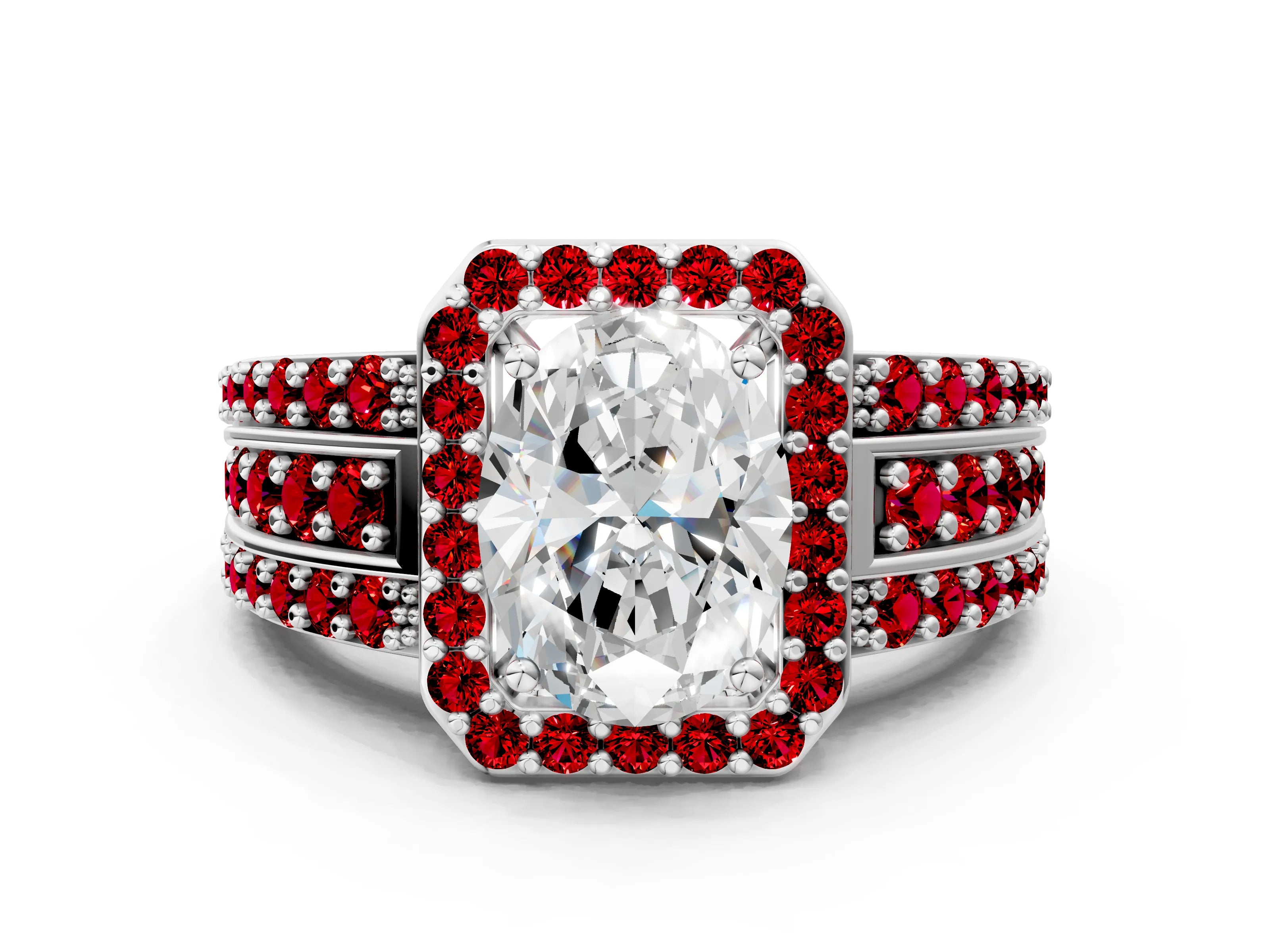 White gold Oval Cut Halo Diamond Ring with Round with Ruby side stone Split Shank and Prong Setting_12
