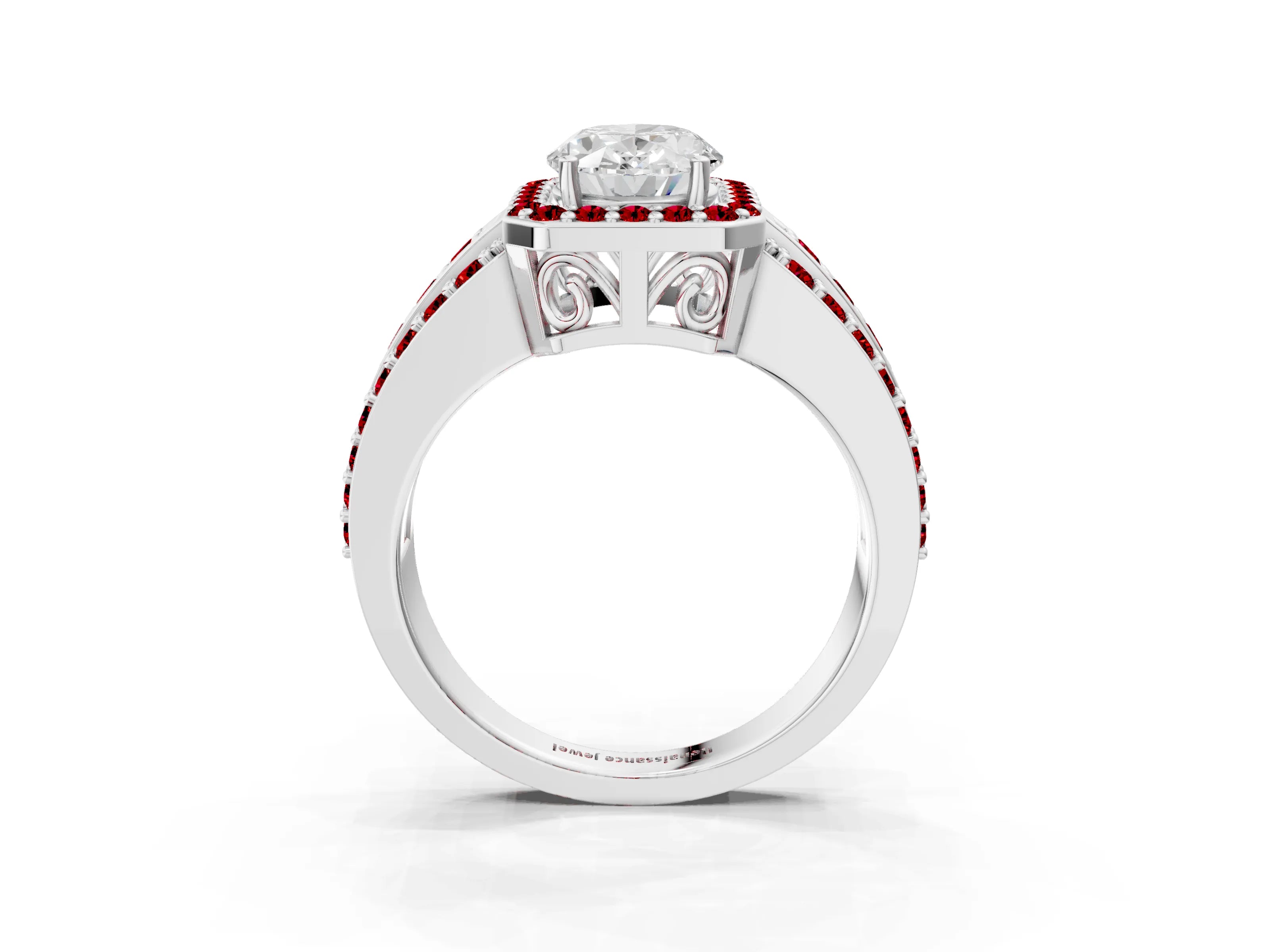 White gold Oval Cut Halo Diamond Ring with Round with Ruby side stone Split Shank and Prong Setting_15