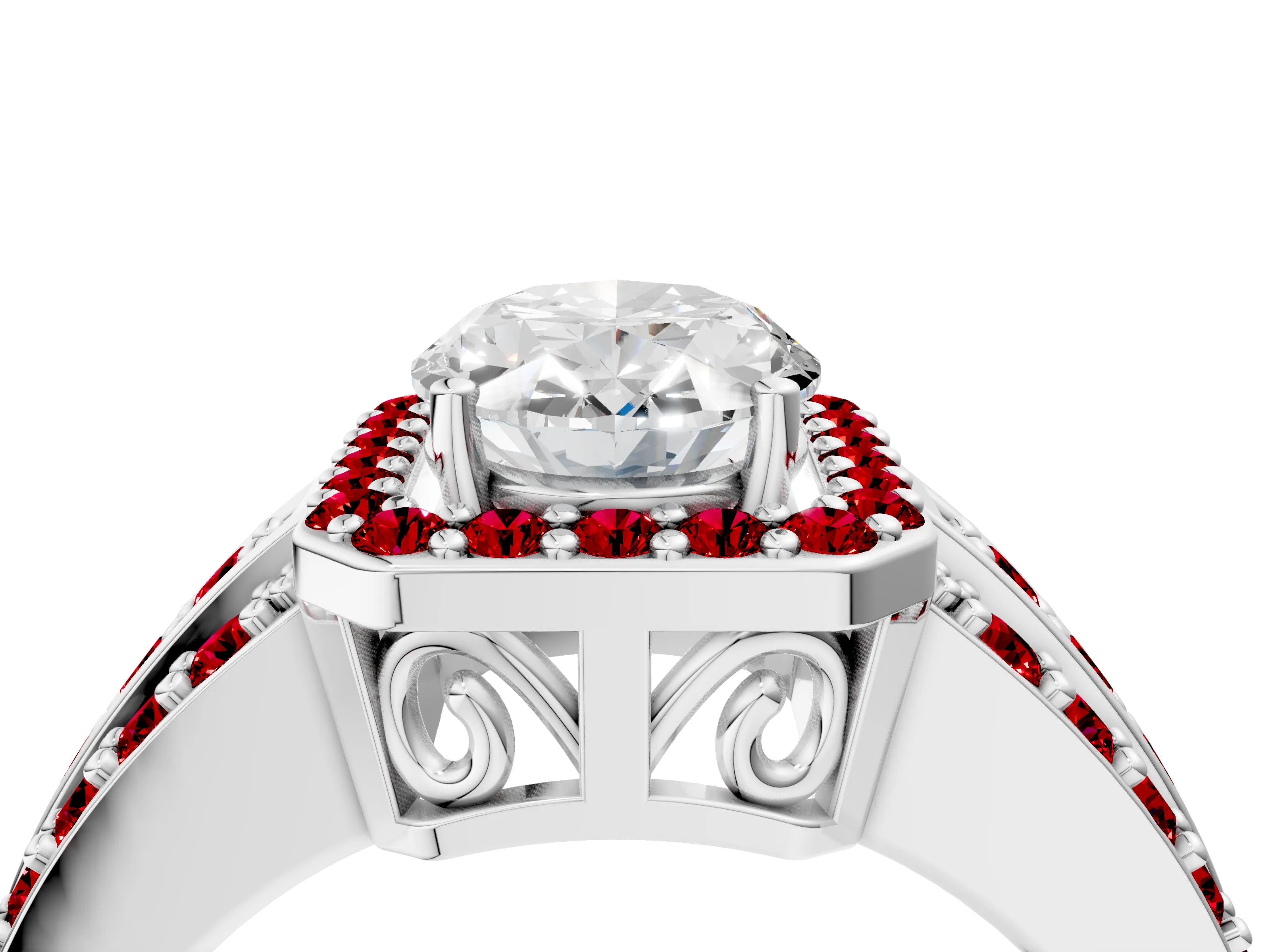 White gold Oval Cut Halo Diamond Ring with Round with Ruby side stone Split Shank and Prong Setting_16
