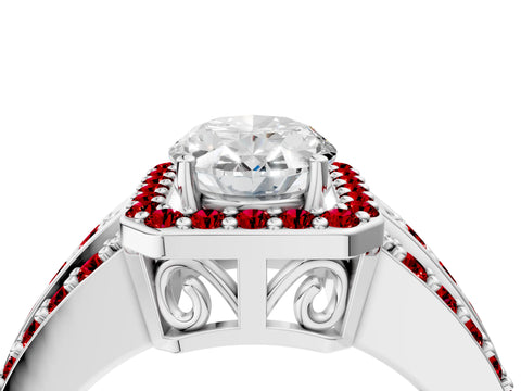 White gold Oval Cut Halo Diamond Ring with Round with Ruby side stone Split Shank and Prong Setting_16