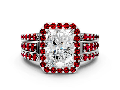 White gold Oval Cut Halo Diamond Ring with Round with Ruby side stone Split Shank and Prong Setting_36