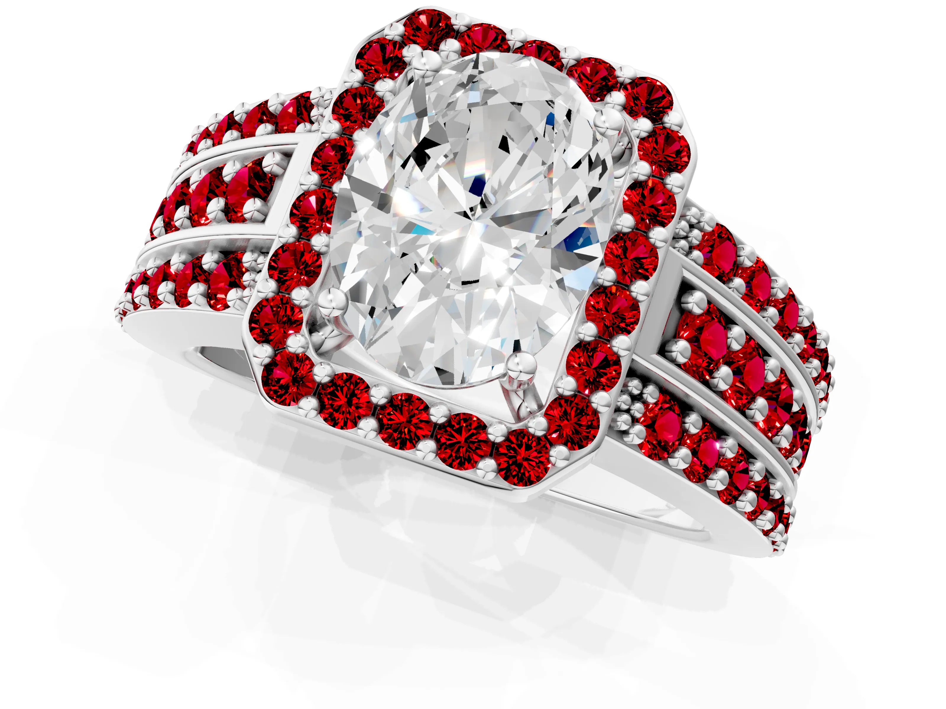 White gold Oval Cut Halo Diamond Ring with Round with Ruby side stone Split Shank and Prong Setting_37
