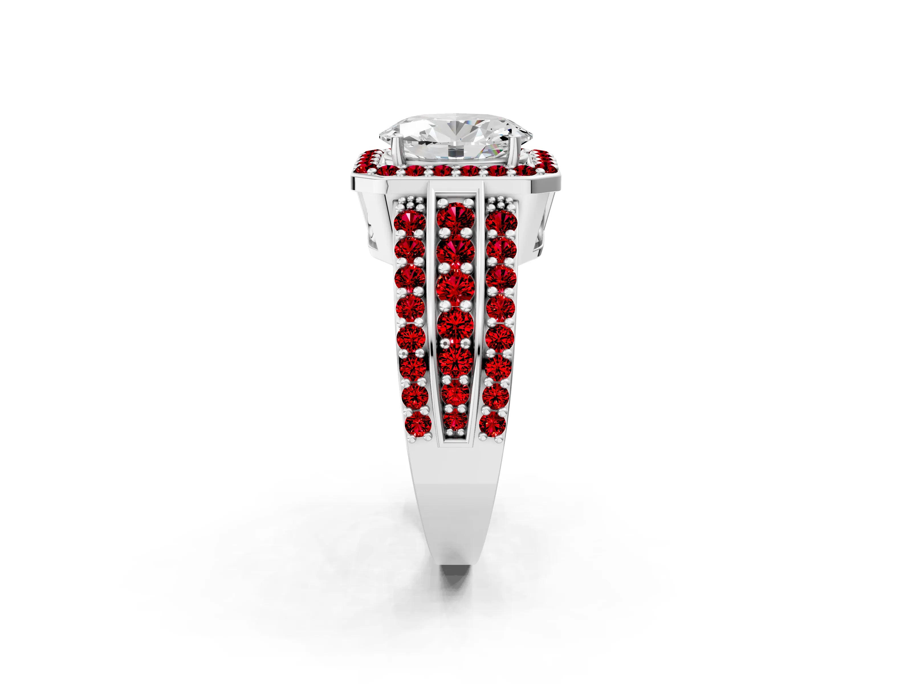 White gold Oval Cut Halo Diamond Ring with Round with Ruby side stone Split Shank and Prong Setting_38