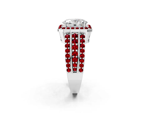 White gold Oval Cut Halo Diamond Ring with Round with Ruby side stone Split Shank and Prong Setting_38