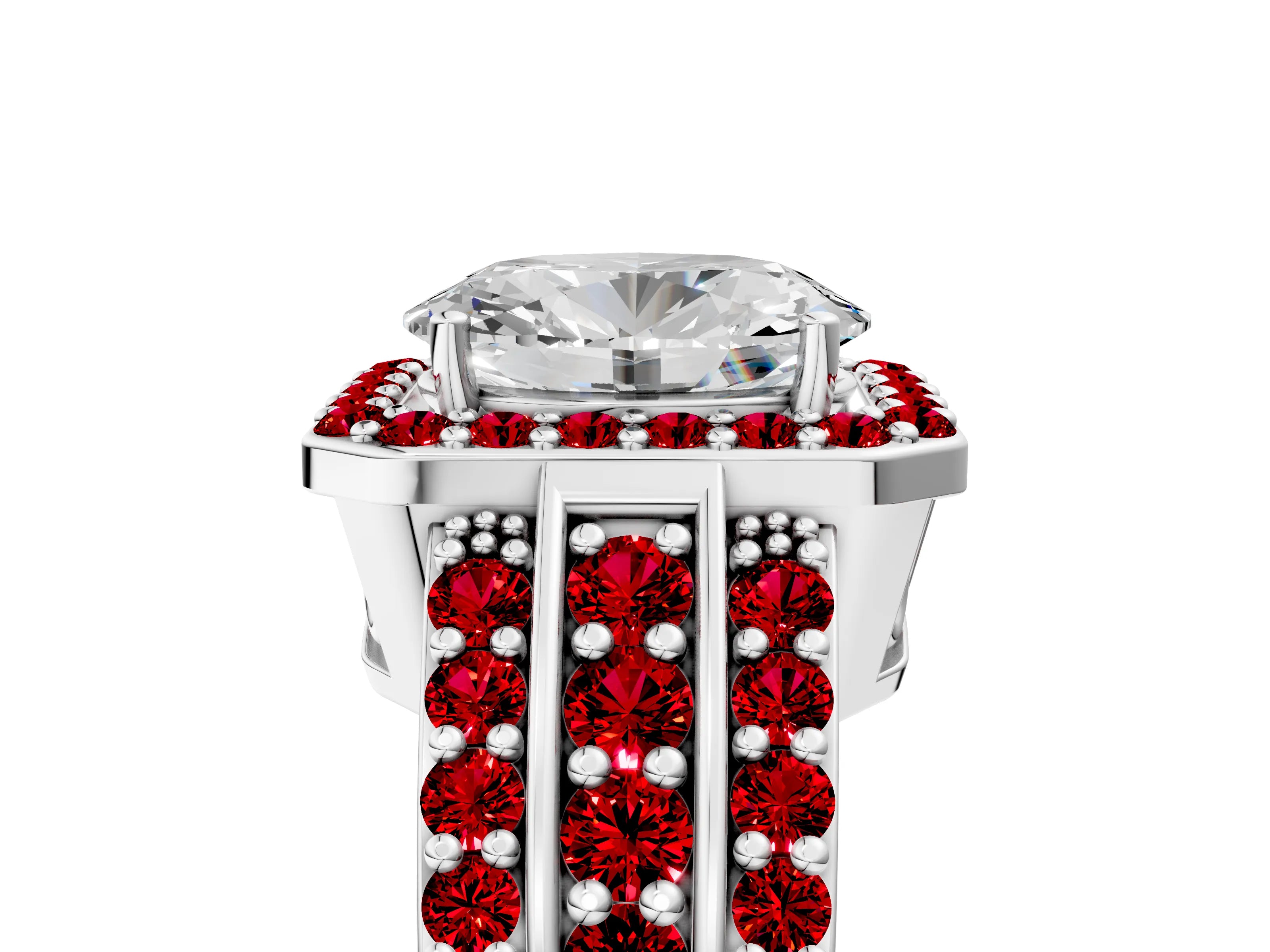 White gold Oval Cut Halo Diamond Ring with Round with Ruby side stone Split Shank and Prong Setting_41