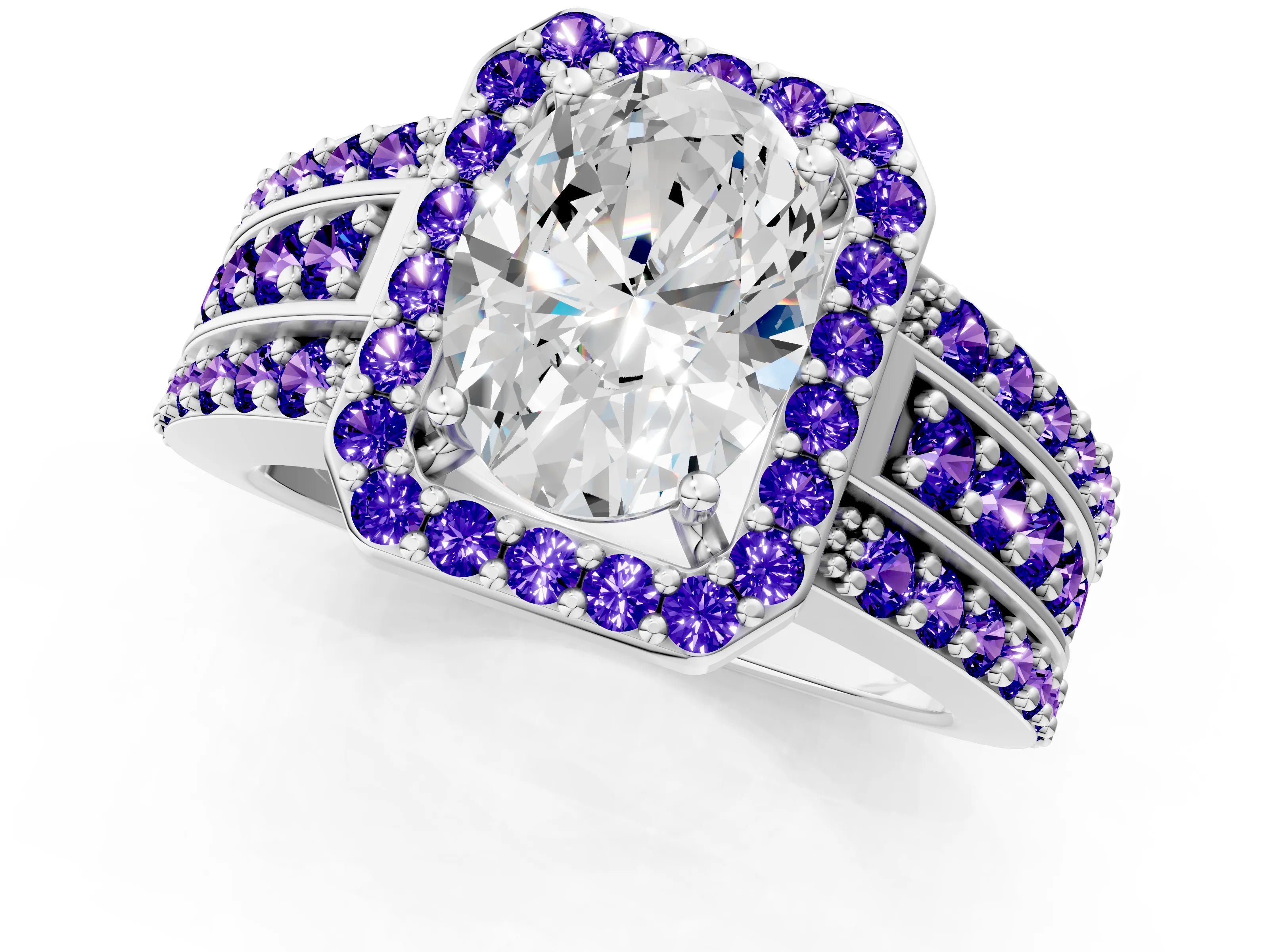 White gold Oval Cut Halo Diamond Ring with Round with Tanzanite side stone Split Shank and Prong Setting_1