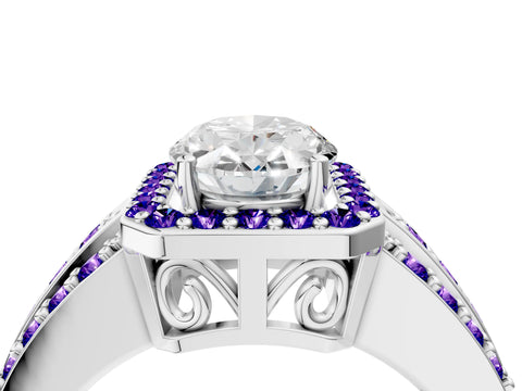 White gold Oval Cut Halo Diamond Ring with Round with Tanzanite side stone Split Shank and Prong Setting_10