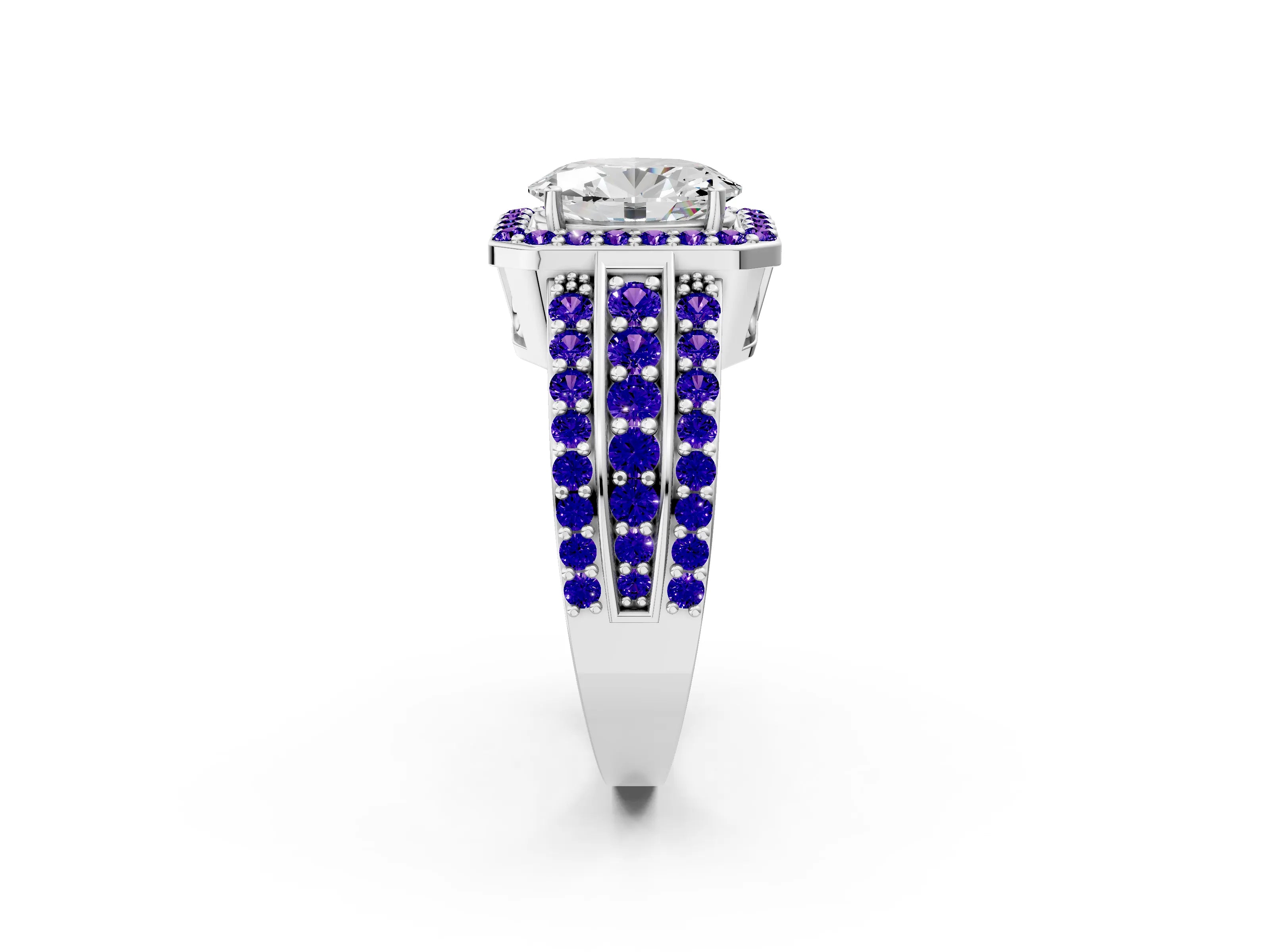 White gold Oval Cut Halo Diamond Ring with Round with Tanzanite side stone Split Shank and Prong Setting_12