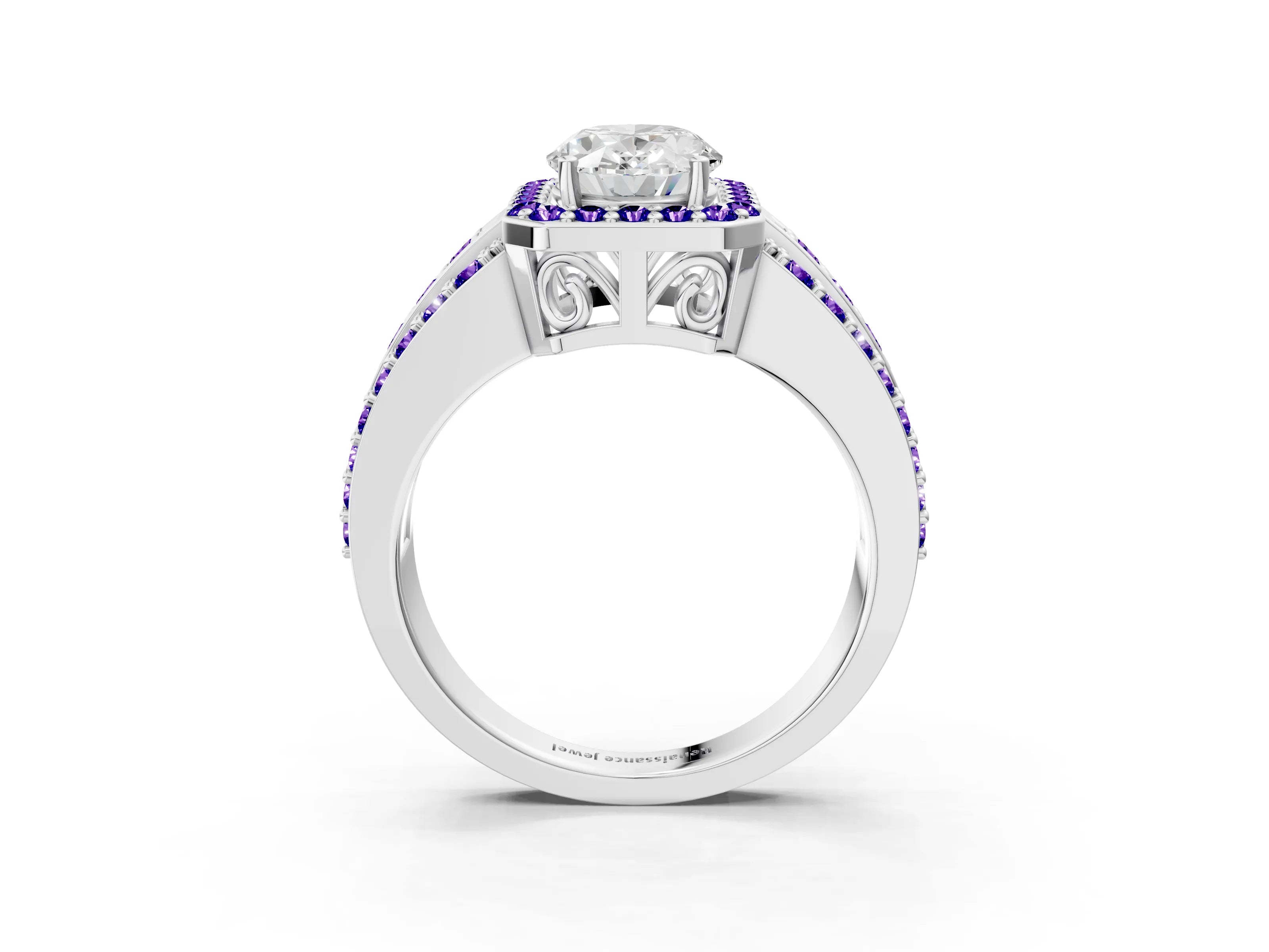 White gold Oval Cut Halo Diamond Ring with Round with Tanzanite side stone Split Shank and Prong Setting_13