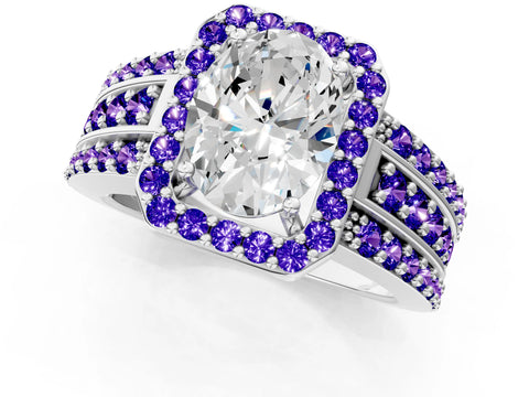 White gold Oval Cut Halo Diamond Ring with Round with Tanzanite side stone Split Shank and Prong Setting_13
