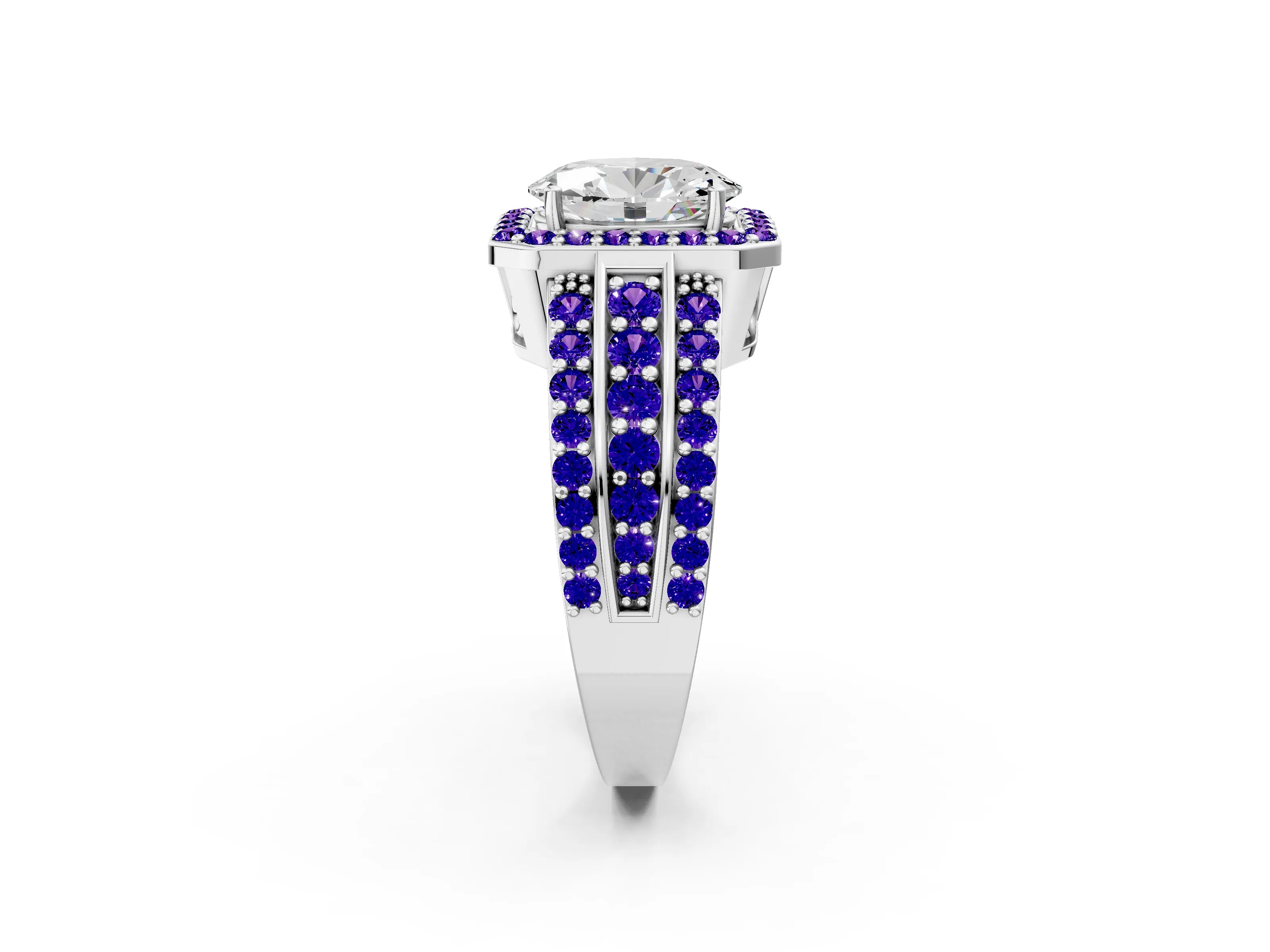 White gold Oval Cut Halo Diamond Ring with Round with Tanzanite side stone Split Shank and Prong Setting_14