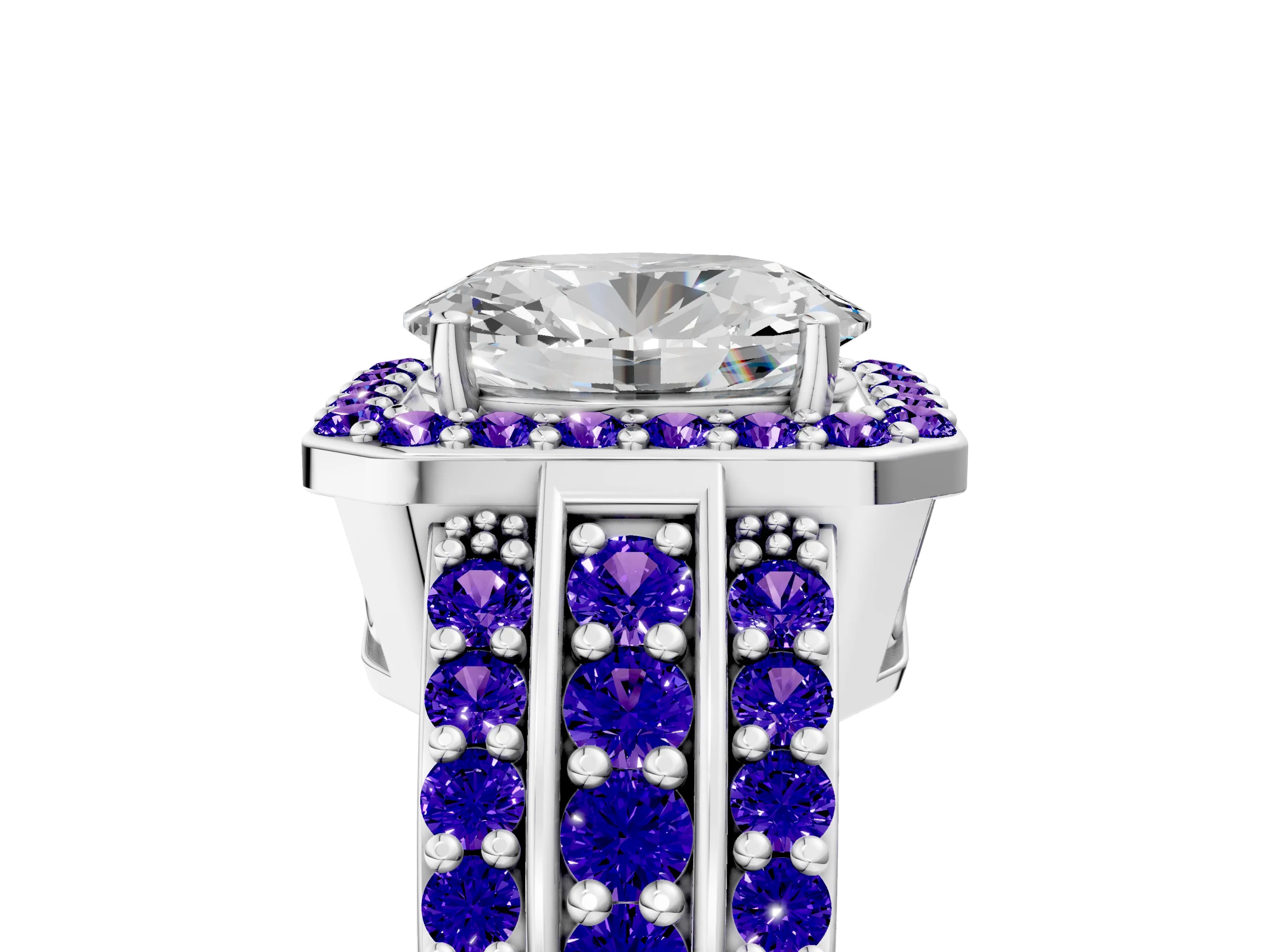 White gold Oval Cut Halo Diamond Ring with Round with Tanzanite side stone Split Shank and Prong Setting_15