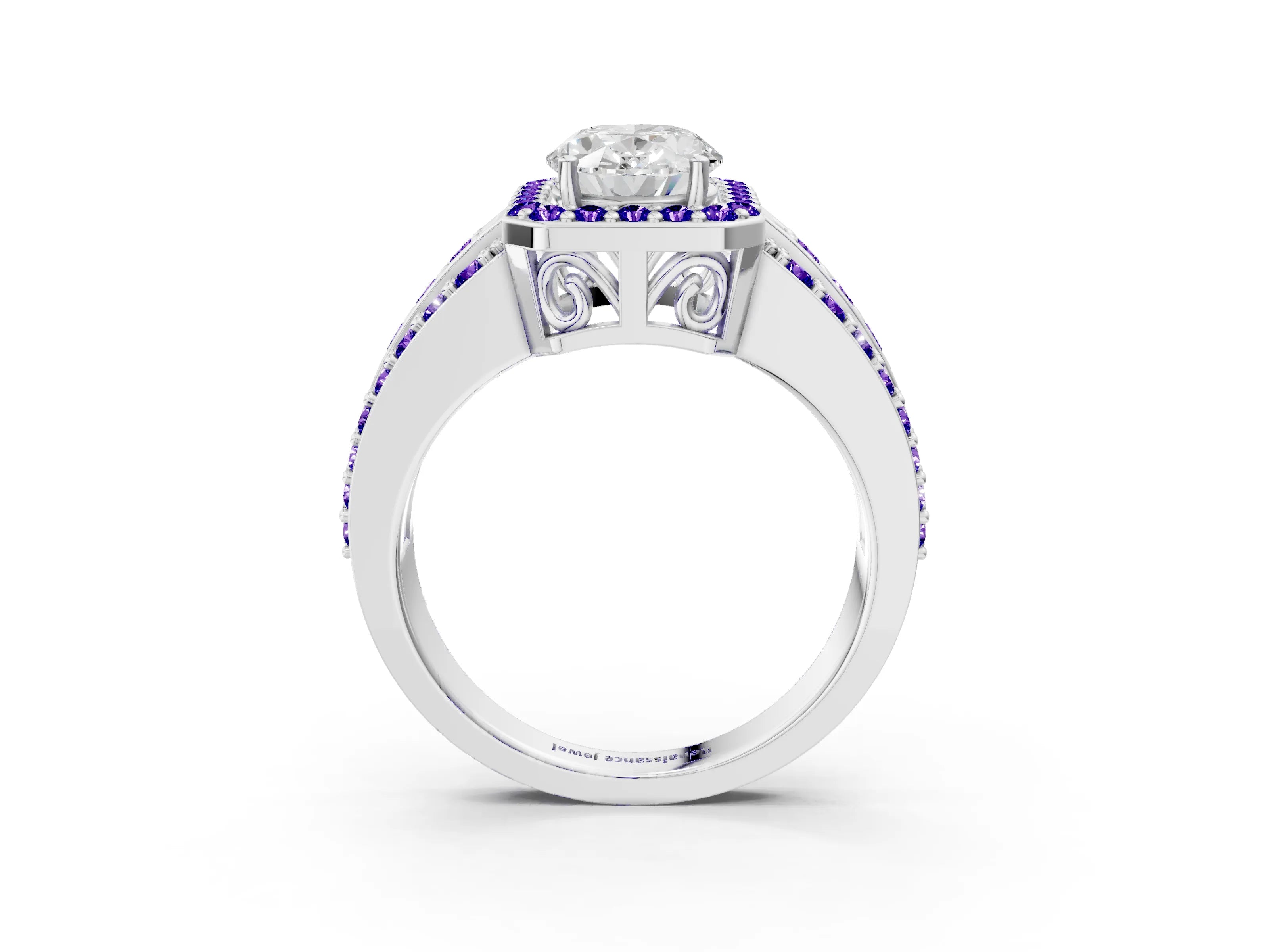 White gold Oval Cut Halo Diamond Ring with Round with Tanzanite side stone Split Shank and Prong Setting_15