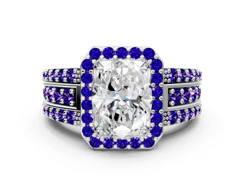 White gold Oval Cut Halo Diamond Ring with Round with Tanzanite side stone Split Shank and Prong Setting_18