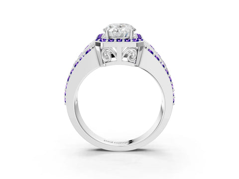 White gold Oval Cut Halo Diamond Ring with Round with Tanzanite side stone Split Shank and Prong Setting_21