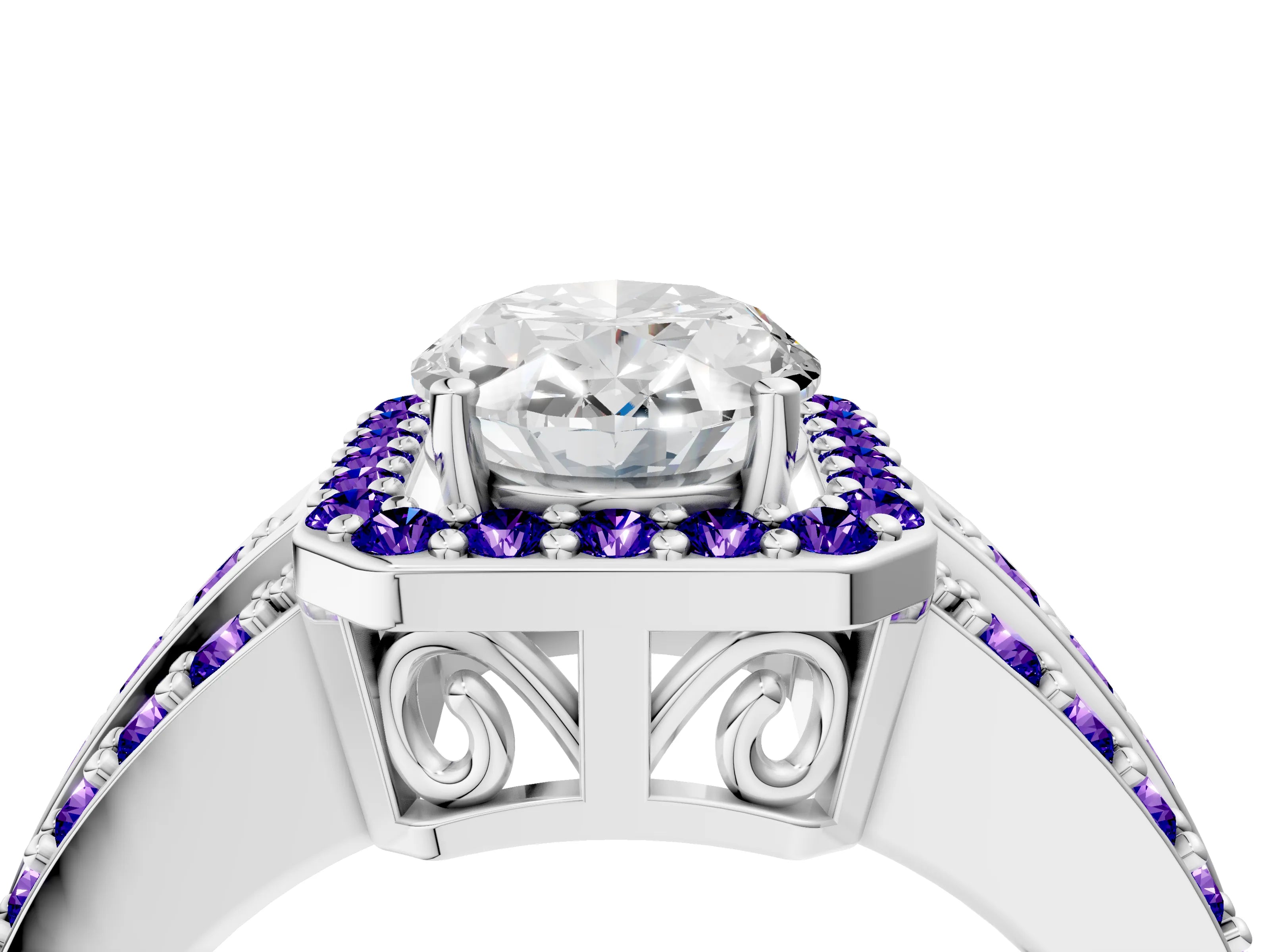 White gold Oval Cut Halo Diamond Ring with Round with Tanzanite side stone Split Shank and Prong Setting_22