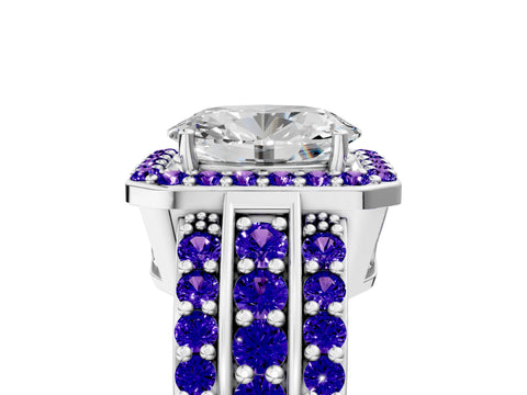 White gold Oval Cut Halo Diamond Ring with Round with Tanzanite side stone Split Shank and Prong Setting_23