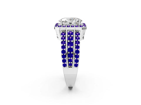 White gold Oval Cut Halo Diamond Ring with Round with Tanzanite side stone Split Shank and Prong Setting_2