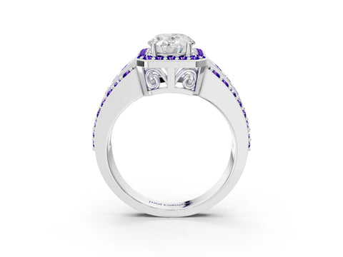 White gold Oval Cut Halo Diamond Ring with Round with Tanzanite side stone Split Shank and Prong Setting_3