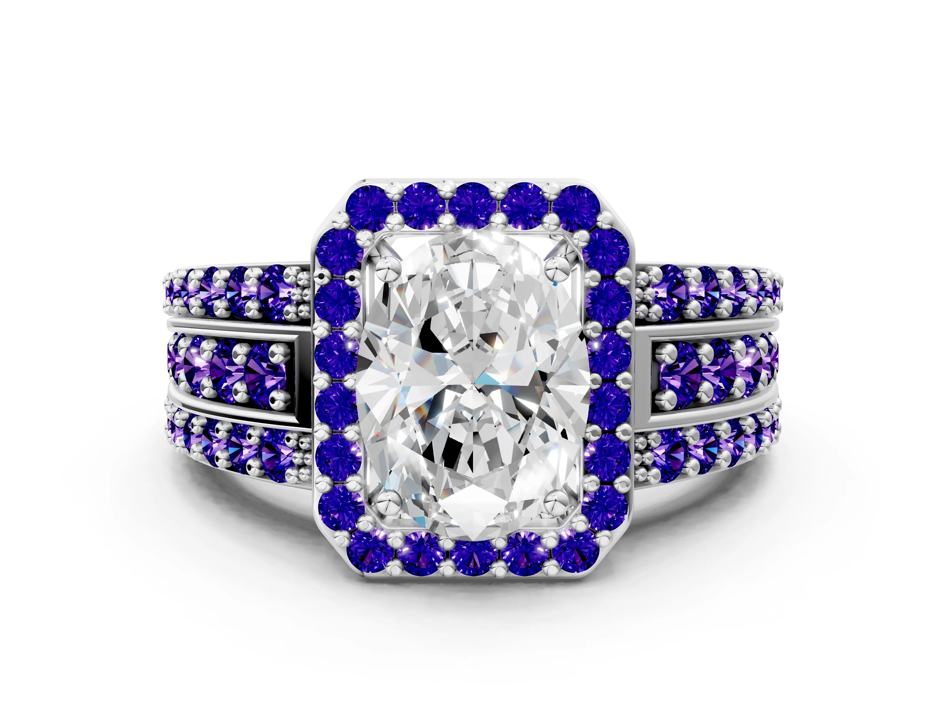 White gold Oval Cut Halo Diamond Ring with Round with Tanzanite side stone Split Shank and Prong Setting