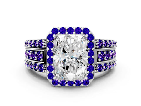 White gold Oval Cut Halo Diamond Ring with Round with Tanzanite side stone Split Shank and Prong Setting