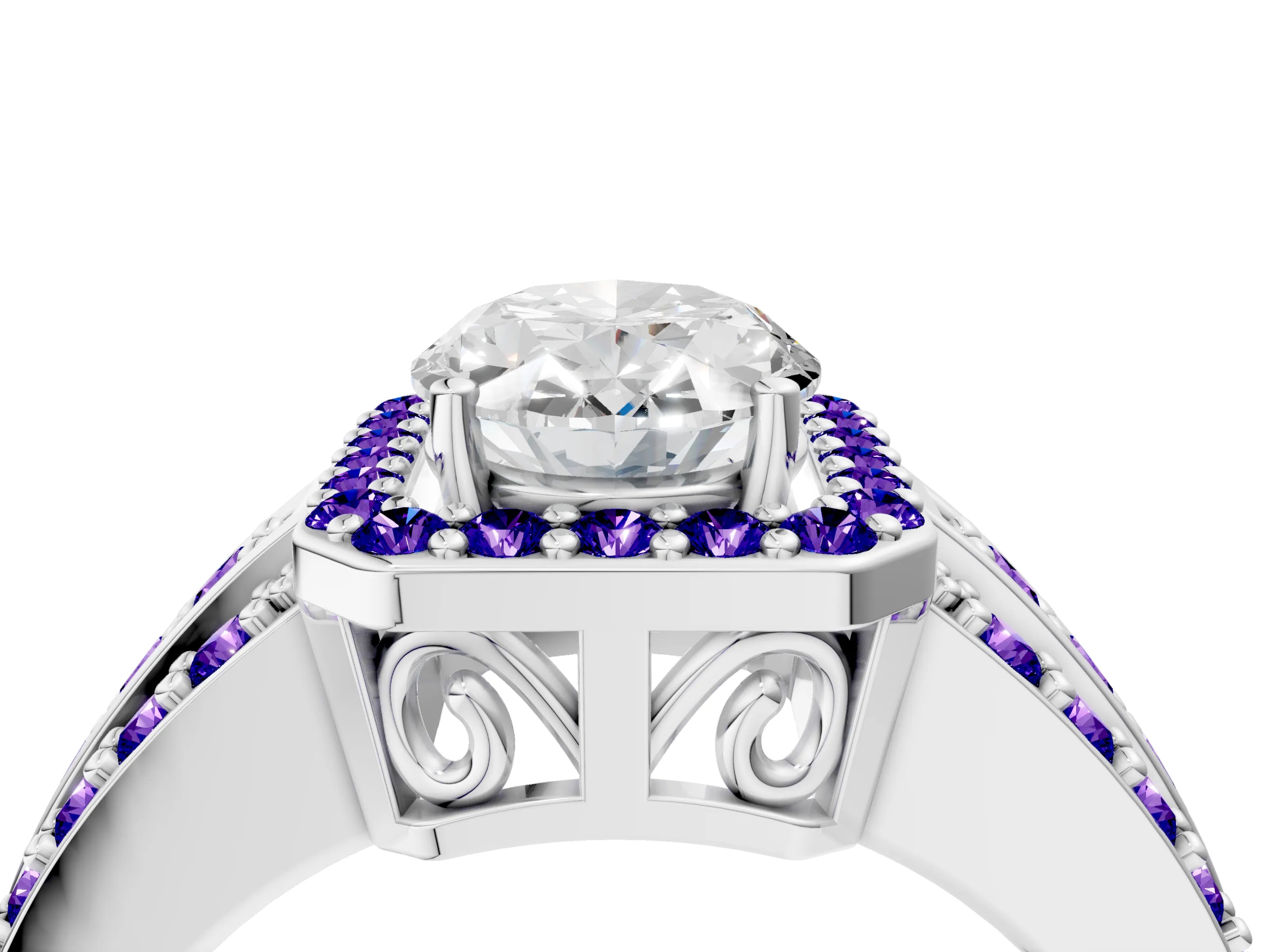 White gold Oval Cut Halo Diamond Ring with Round with Tanzanite side stone Split Shank and Prong Setting_4