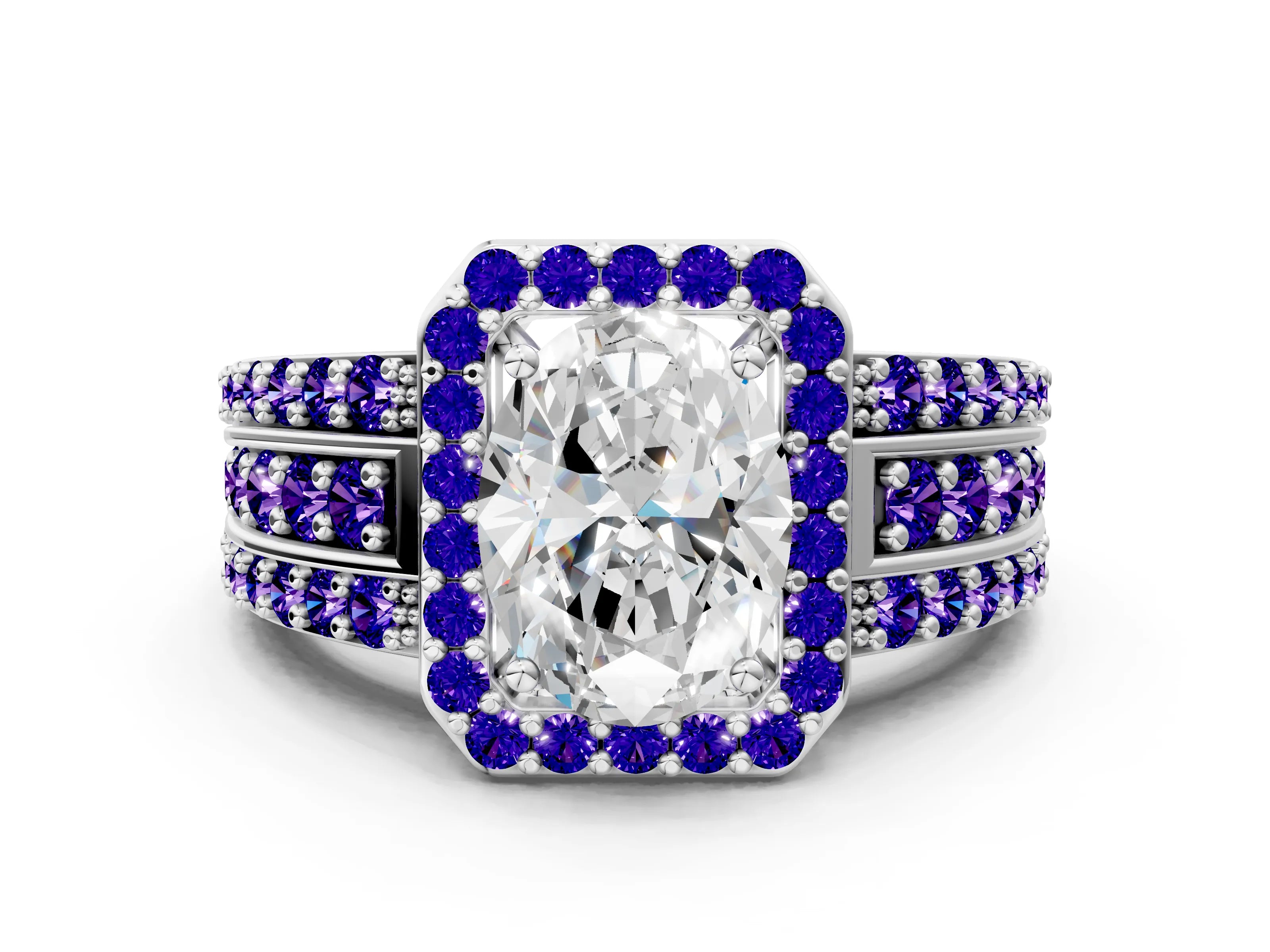 White gold Oval Cut Halo Diamond Ring with Round with Tanzanite side stone Split Shank and Prong Setting_6