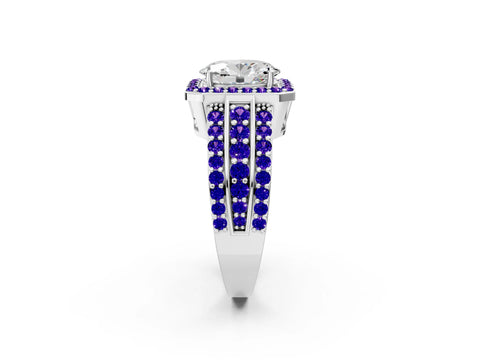 White gold Oval Cut Halo Diamond Ring with Round with Tanzanite side stone Split Shank and Prong Setting_8