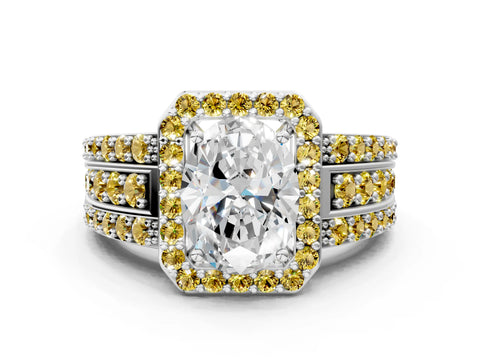 White gold Oval Cut Halo Diamond Ring with Round with Yellow Sapphire side stone Split Shank and Prong Setting_24