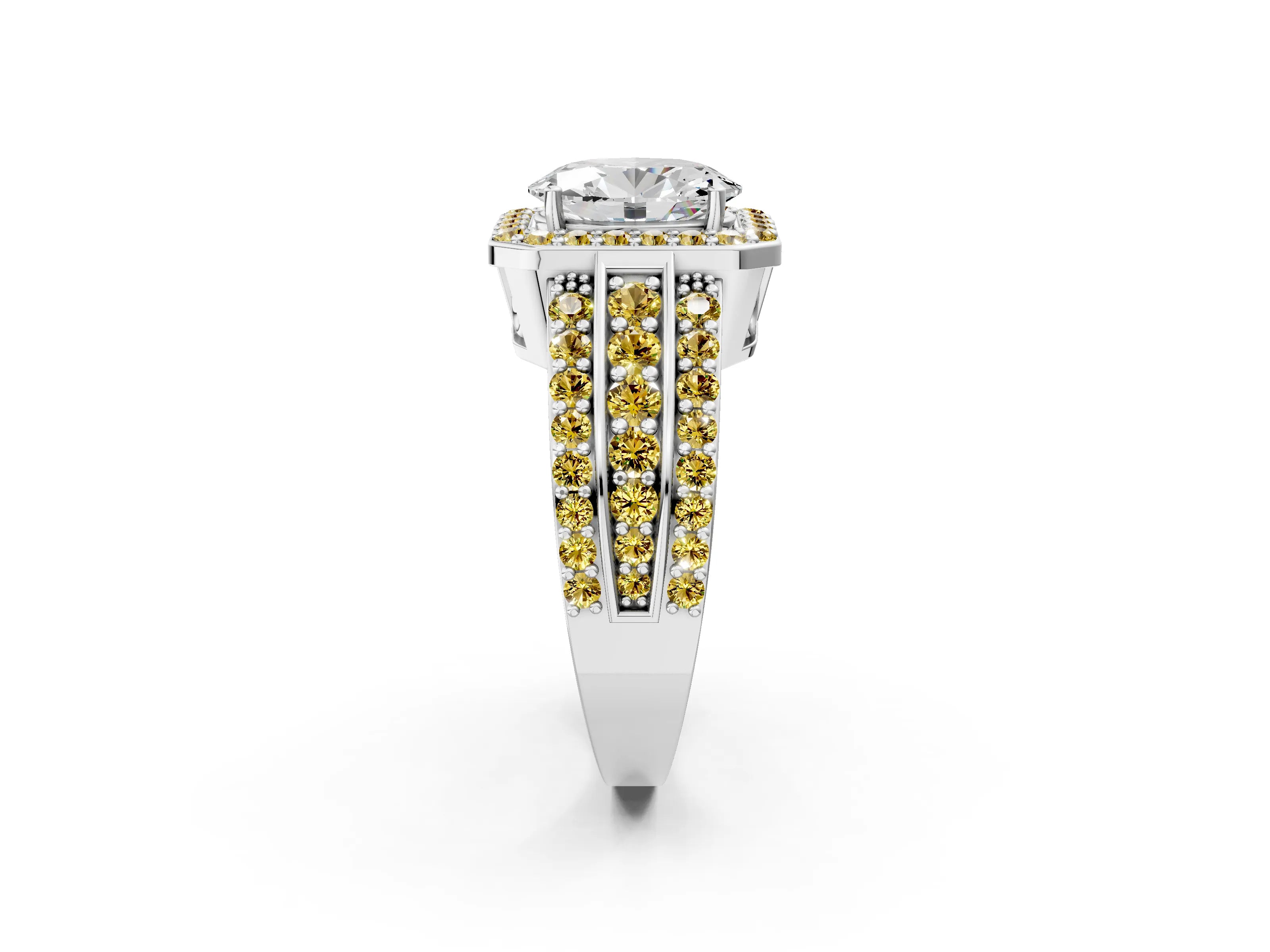 White gold Oval Cut Halo Diamond Ring with Round with Yellow Sapphire side stone Split Shank and Prong Setting_26