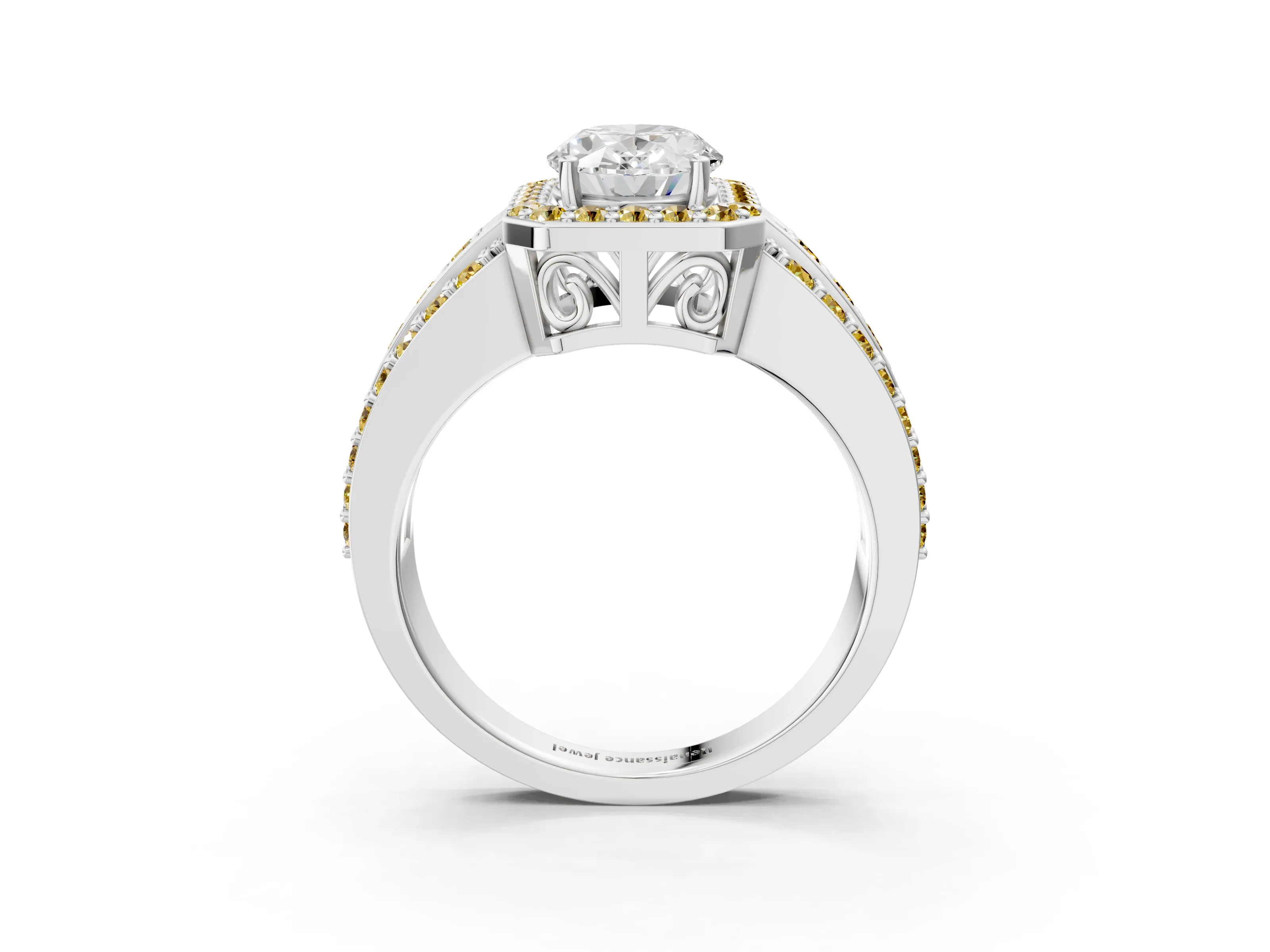 White gold Oval Cut Halo Diamond Ring with Round with Yellow Sapphire side stone Split Shank and Prong Setting_27