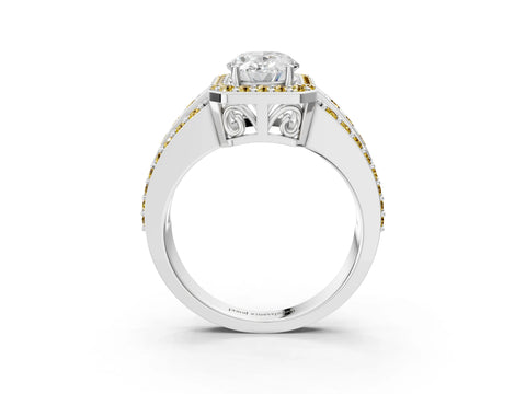 White gold Oval Cut Halo Diamond Ring with Round with Yellow Sapphire side stone Split Shank and Prong Setting_27