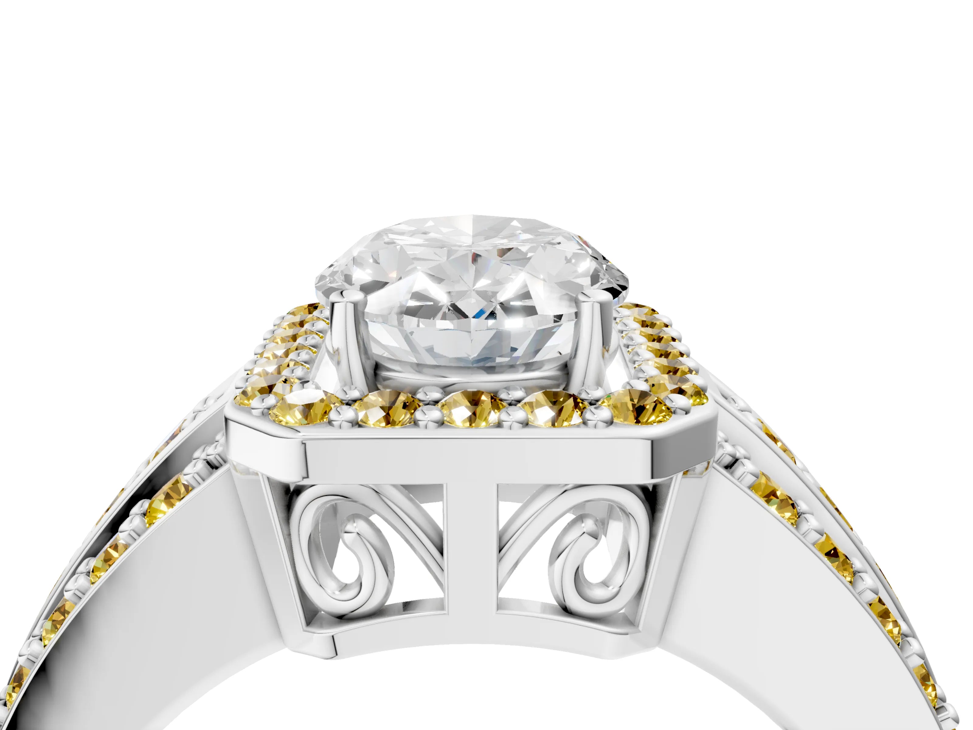 White gold Oval Cut Halo Diamond Ring with Round with Yellow Sapphire side stone Split Shank and Prong Setting_28