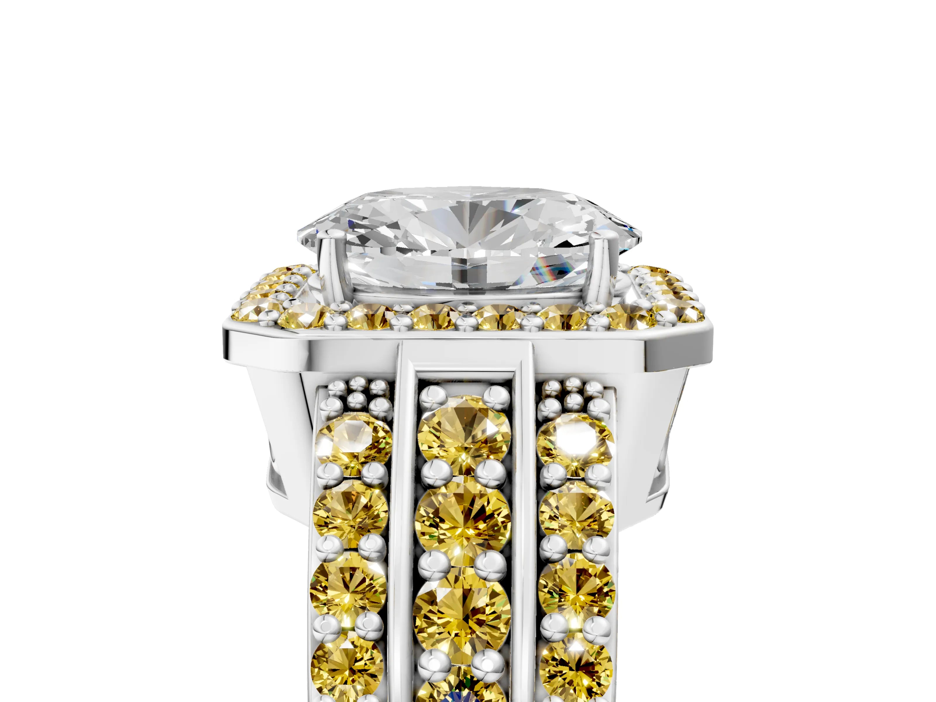 White gold Oval Cut Halo Diamond Ring with Round with Yellow Sapphire side stone Split Shank and Prong Setting_29