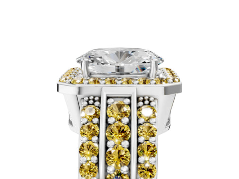 White gold Oval Cut Halo Diamond Ring with Round with Yellow Sapphire side stone Split Shank and Prong Setting_29