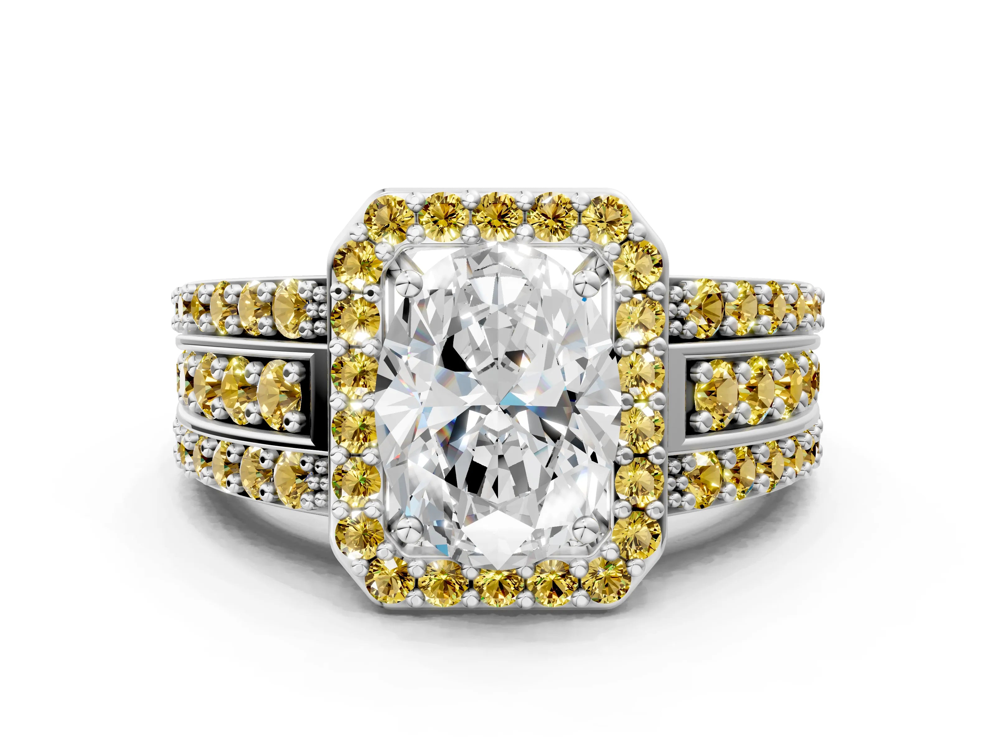 White gold Oval Cut Halo Diamond Ring with Round with Yellow Sapphire side stone Split Shank and Prong Setting_36