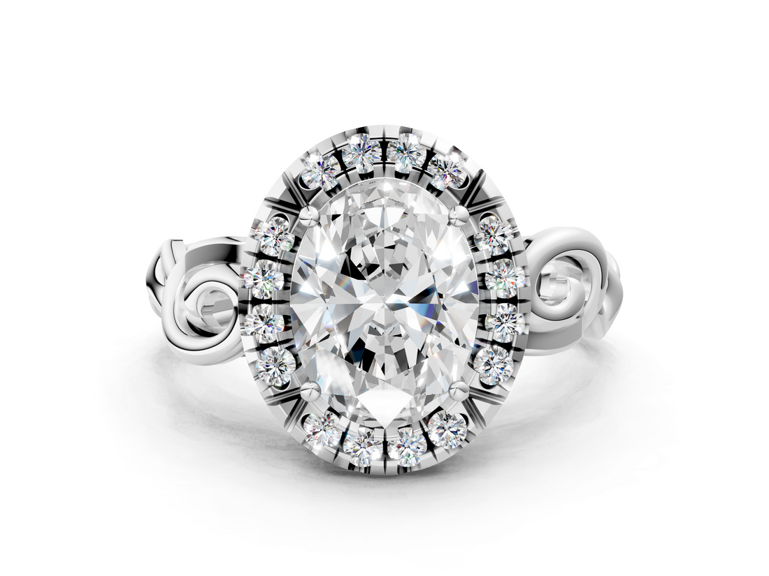 White gold Oval Cut Halo Diamond Ring with Scrollwork Band and Four-Prong Setting_57
