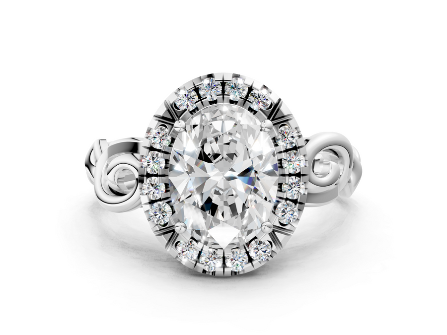 White gold Oval Cut Halo Diamond Ring with Scrollwork Band and Four-Prong Setting