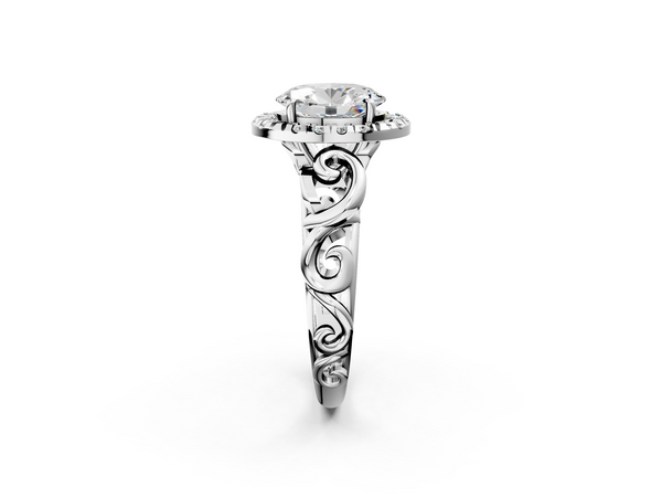White gold Oval Cut Halo Diamond Ring with Scrollwork Band and Four-Prong Setting