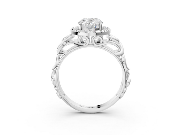 White gold Oval Cut Halo Diamond Ring with Scrollwork Band and Four-Prong Setting