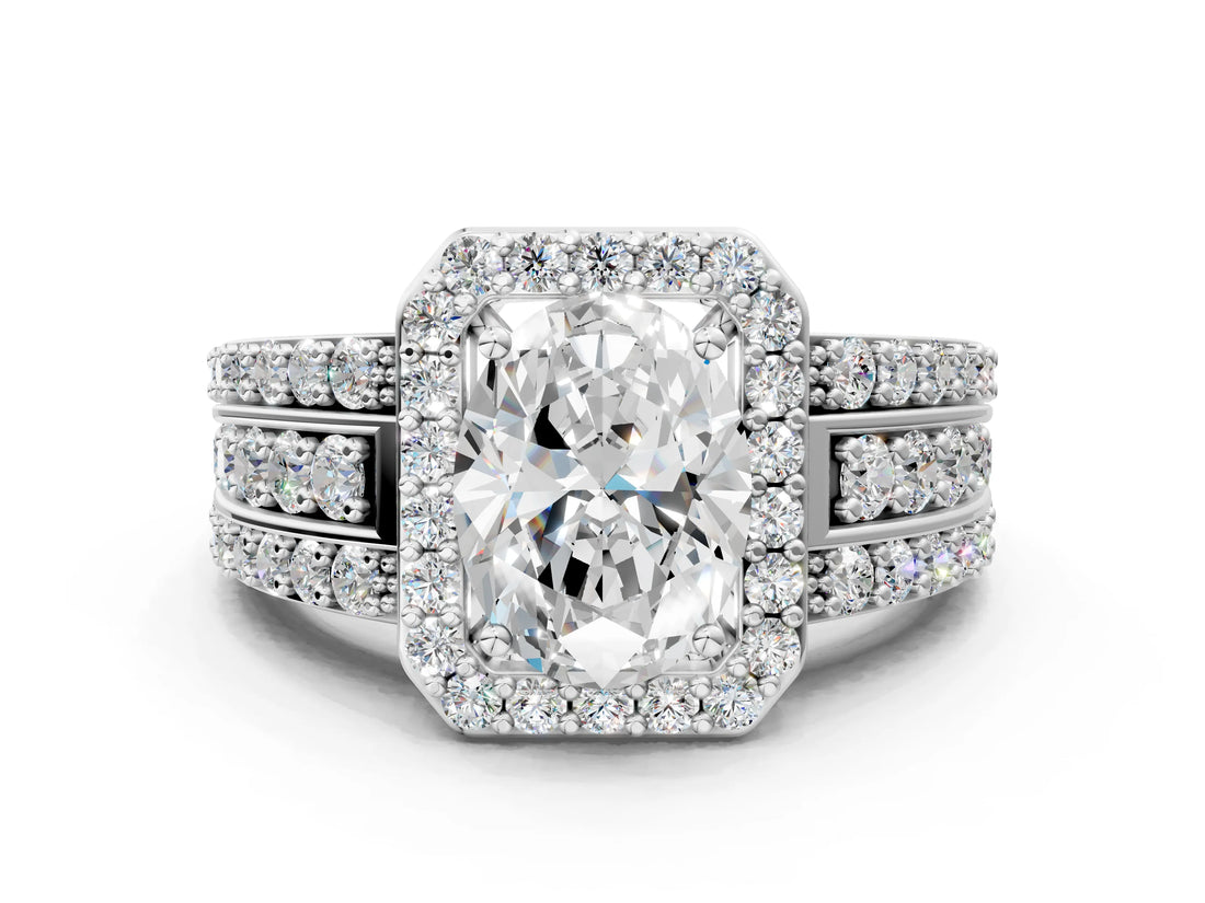 18K White Gold 4.50 Carat F VVS2 Oval Halo Diamond Ring with Round  Split Shank and Prong Setting