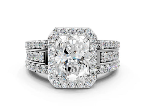 18K White Gold 4.50 Carat F VVS2 Oval Halo Diamond Ring with Round  Split Shank and Prong Setting