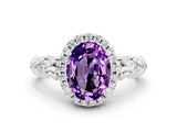 White gold Oval Cut Halo Diamond Solitaire with Filigree Band and Four-Prong Setting