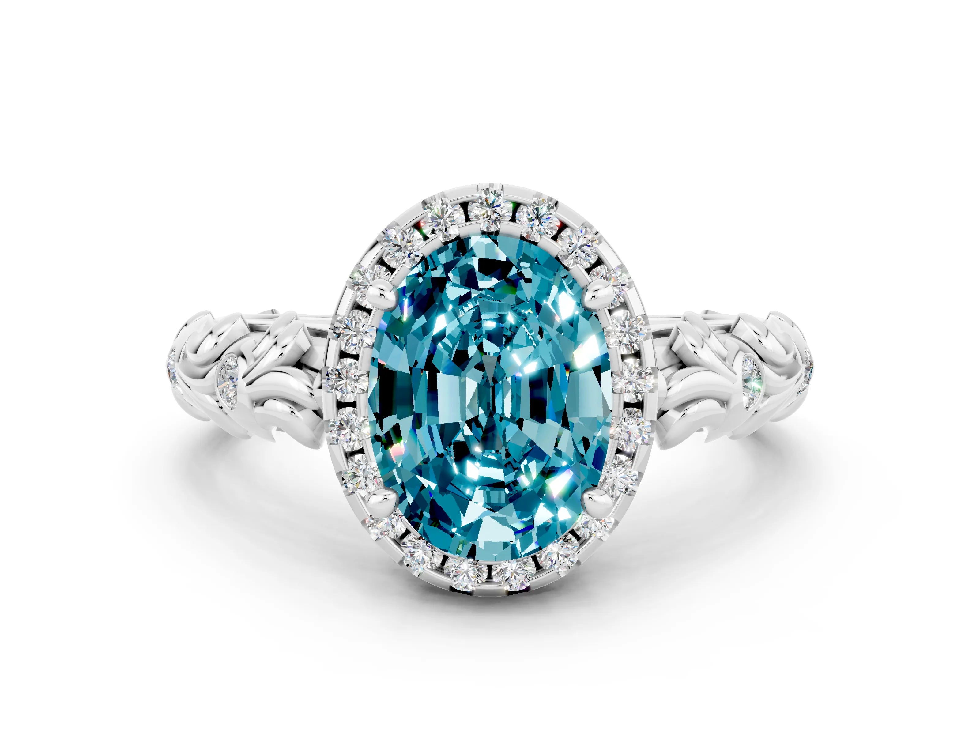 White gold Oval Cut Halo Diamond Solitaire with Filigree Band and Four-Prong Setting