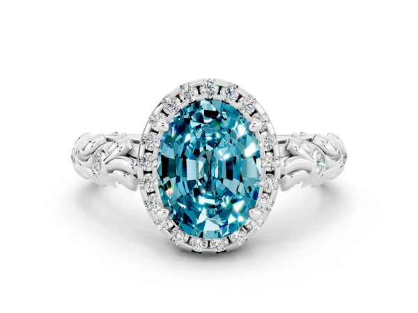 Platinum Oval Cut Halo Diamond Solitaire with Filigree Band and Four-Prong Setting