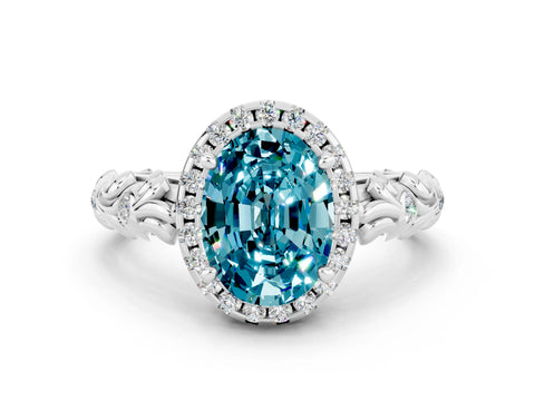 White gold Oval Cut Halo Diamond Solitaire with Filigree Band and Four-Prong Setting